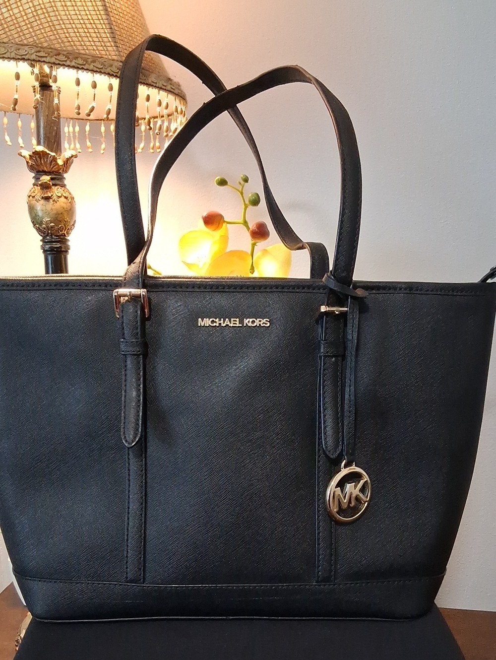 Michael Kors Black Saffiano Leather Tote with Gold Hardware